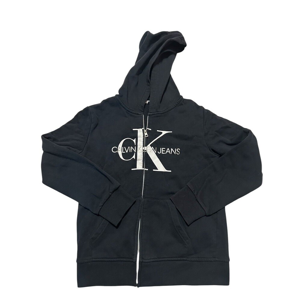 Calvin Klein Hoodie Sweatshirt Girl’s Size  12/14 Full Zip Black Knit Top Hooded